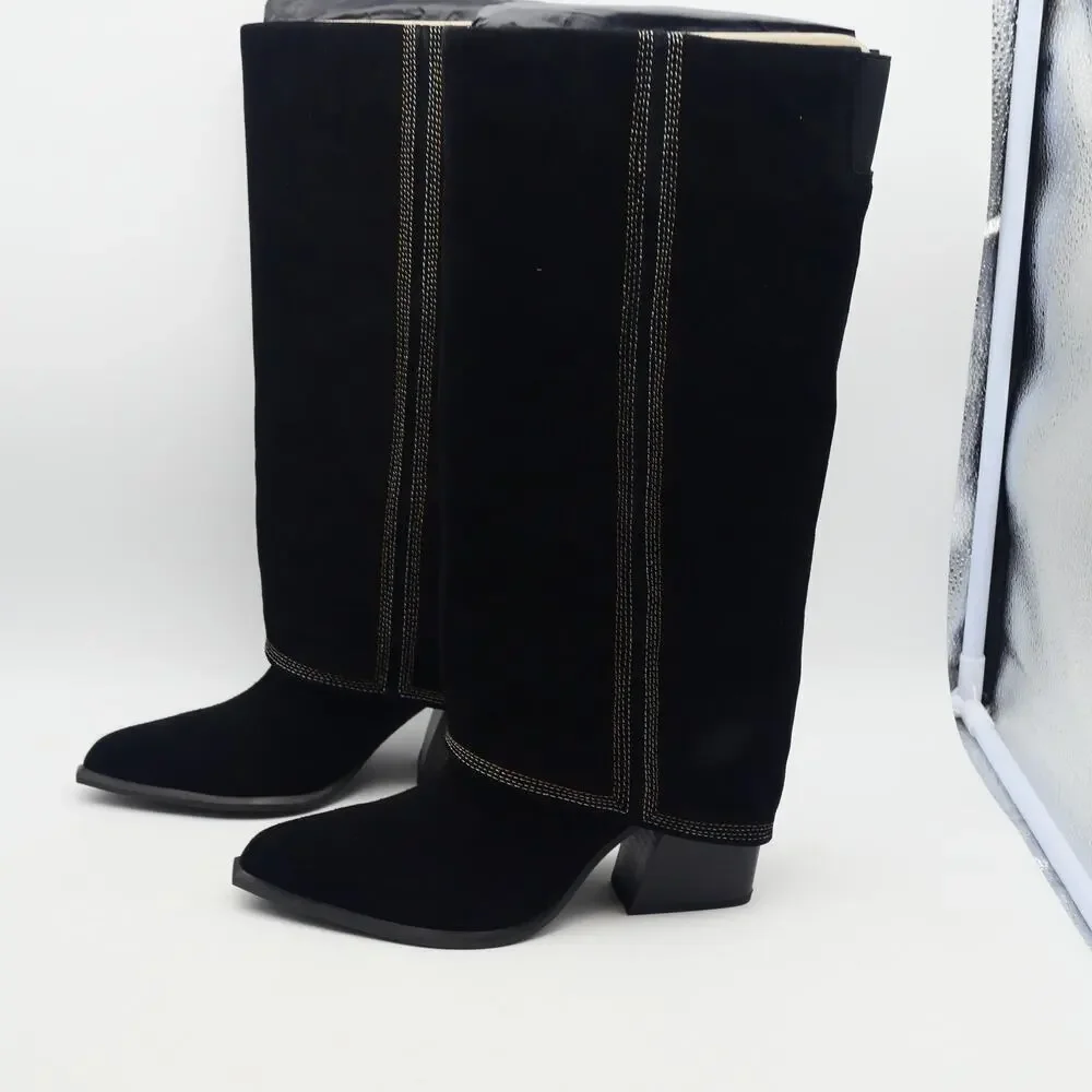 NEW Nine West Women's 8.5 Rimepy Foldover Boot Black Suede  Block Heel